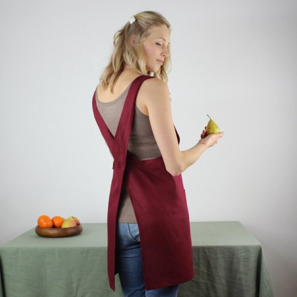 Linen Gathering Apron Japanese Cross Back Pinafore Tank Wrap Red Size L